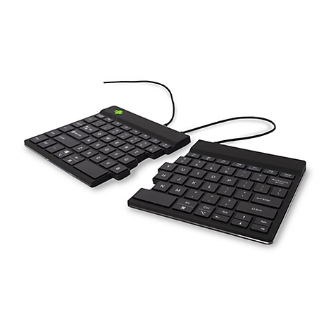 Geteilte, schwarze ergonomische Tastatur auf weißem Hintergrund.