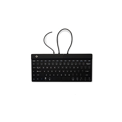 Schwarze, kompakte, geteilte Tastatur von R-Go Tools auf weißem Hintergrund.