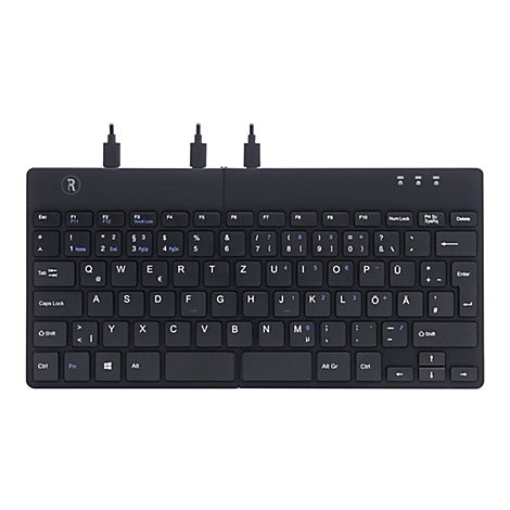 Schwarze, faltbare Bluetooth-Tastatur mit Tastenbeschriftungen, USB-Anschluss und Logo.