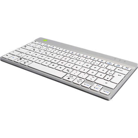 Silberne, flache Tastatur mit weißen Tasten und Buchstaben. Ein grünes Licht leuchtet oben.