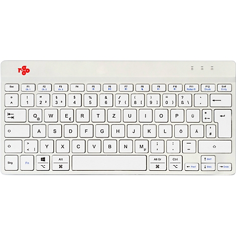 Hellgraue Tastatur mit schwarzen Tastenbeschriftungen. Oben links das Logo 'rgo'.