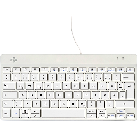 Hellweiße, kompakte Tastatur mit Kabelanschluss. Die Tasten sind beschriftet, oben ist das Logo der Marke abgebildet.