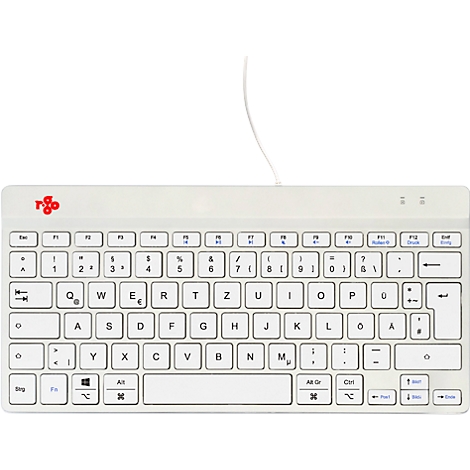 Hellgraue Tastatur mit weißen Tasten und Buchstaben, Kabelanschluss. Rechts oben befinden sich Kontrollleuchten, links oben das Logo.