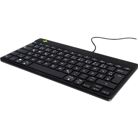 Schwarze Tastatur mit weißen Buchstaben. Rechts oben ein grünes Logo, ein Kabel führt weg.