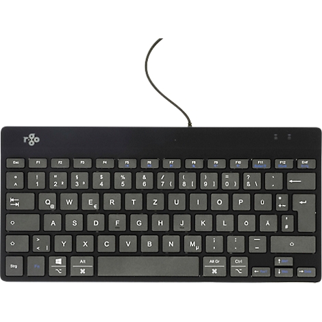 Schwarze, kompakte Tastatur mit grauen Tasten. Das Kabel ist oben mittig angebracht.