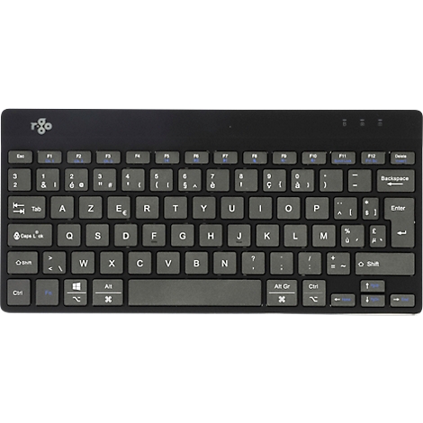 Schwarze Tastatur mit französischen Buchstaben, Tasten mit weißen Beschriftungen. Logo links oben.
