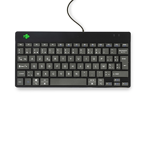 Schwarze Tastatur mit hellgrauen Buchstaben und Kabel, Logo oben links.