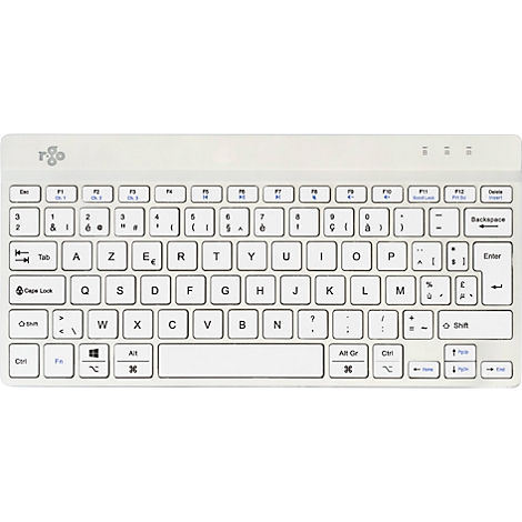 Hellweiße Tastatur mit französischem Layout, Buchstaben, Zahlen und Sonderzeichen. Logo oben links.