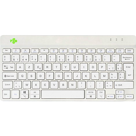 Draufsicht auf eine weiße Tastatur mit französischen Buchstaben.