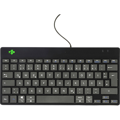 Schwarze Tastatur mit grauen Tasten, Kabelanschluss, grüne Logo-Marke links.