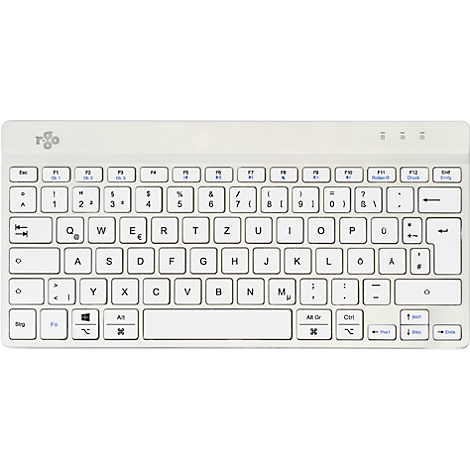 Hellgraue Tastatur mit schwarzen Tastenbeschriftungen. Buchstaben, Zahlen und Sonderzeichen sind deutlich erkennbar.