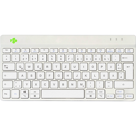 Hellgraue kabellose Tastatur mit weißen Tasten und deutscher Tastaturbelegung.