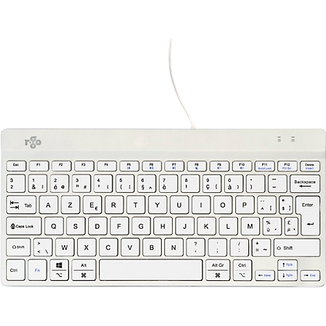 Hellweiße Tastatur mit französischem Layout und Kabel. Die Buchstaben, Zahlen und Sonderzeichen sind klar erkennbar.