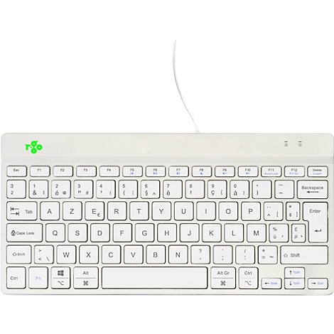 Hellgraue Tastatur mit französischen Buchstaben, Kabelanschluss. Oben links Logo, rechts Anzeigen für Num-Lock/Caps-Lock.