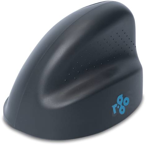 Schwarze, ergonomische Vertikal-Maus mit blauem R-Go Logo auf hellem Hintergrund.