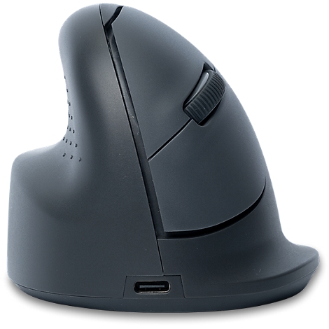 Dunkelgraue, ergonomische Vertikal-Maus mit Mausrad vor weißem Hintergrund.