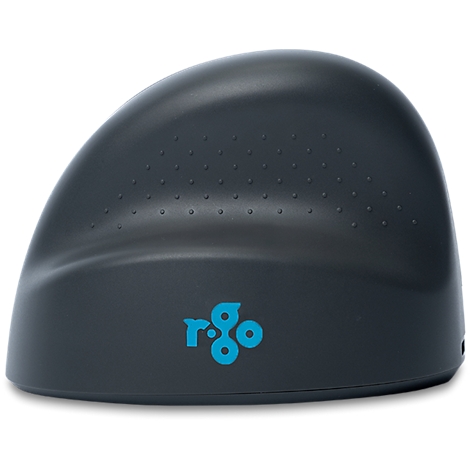 Dunkelgraue ergonomische Vertikalmaus mit hellblauem R-Go Logo vor weißem Hintergrund.