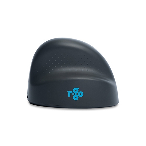 Dunkelgraue, ergonomische Vertikal-Maus von R-Go Tools auf weißem Hintergrund.
