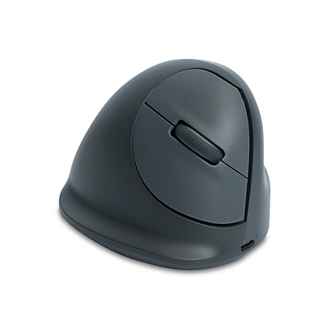 Dunkelgraue vertikale ergonomische Maus auf weißem Hintergrund mit Scrollrad und zwei Tasten.