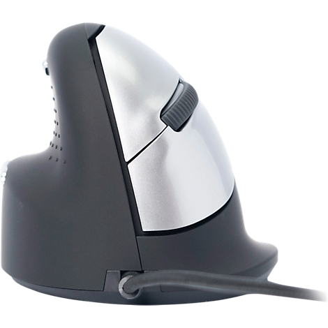 Ergonomische Maus in Grau und Silber mit Scrollrad. Ein Kabel ist angeschlossen.