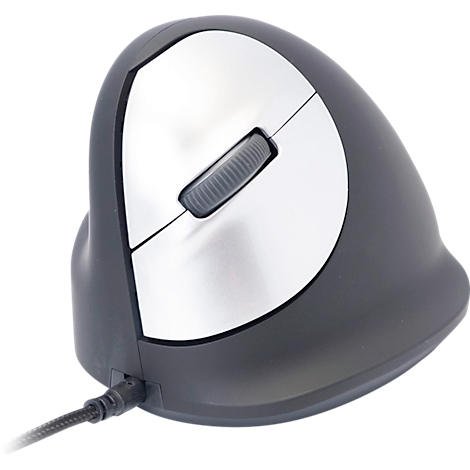 Ergonomische Vertikalmaus in Grau mit silberfarbener Oberfläche, Kabelanschluss.