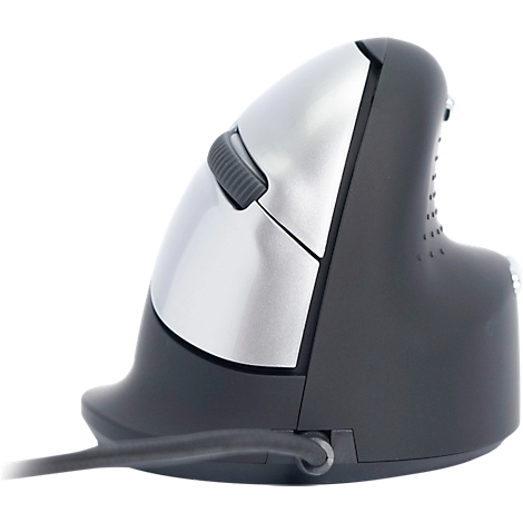 Ergonomische Maus, silber-schwarz, mit Scrollrad. Kabel am unteren Ende. Detailaufnahme.