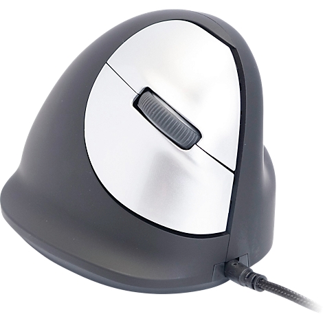 Ergonomische Maus, grau-silber, mit Scrollrad. Kabelanschluss.