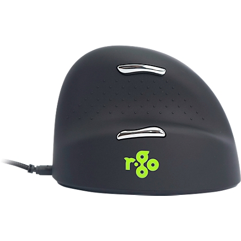 Ergonomische Maus in Schwarz mit silbernen Knöpfen. Das Logo 'r-go' ist grün.