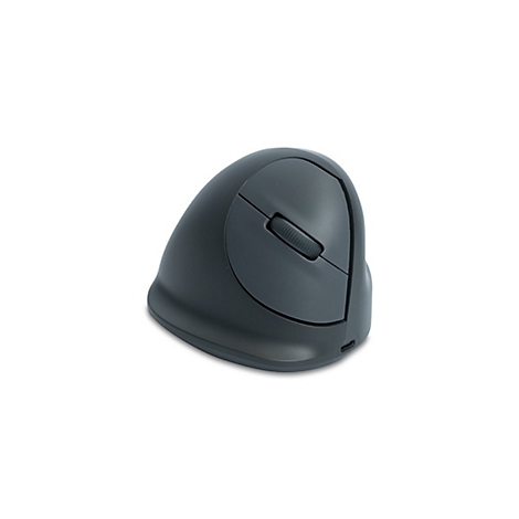 Dunkelgraue vertikale ergonomische Computermaus mit Scrollrad auf weißem Hintergrund.