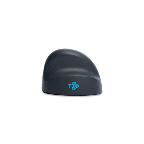 Dunkelgraue, ergonomisch geformte Vertikalmaus mit blauem R-Go-Logo auf weißem Hintergrund.