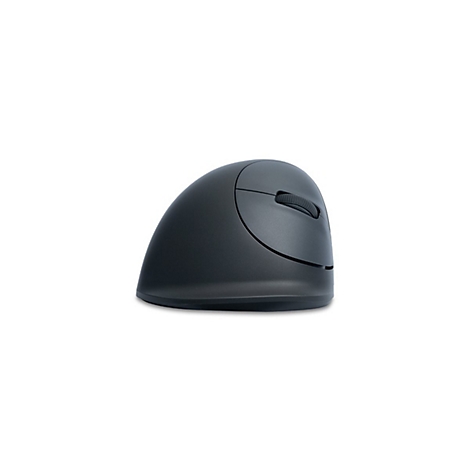 Schwarze vertikale ergonomische Maus in Seitenansicht vor weißem Hintergrund.