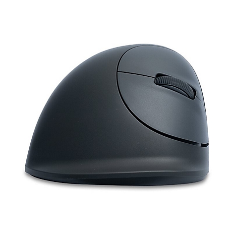 Schwarze vertikale ergonomische Computermaus vor weißem Hintergrund.