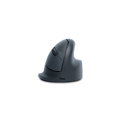 Dunkelgraue, ergonomische Vertikalmaus in Seitenansicht auf weißem Hintergrund.
