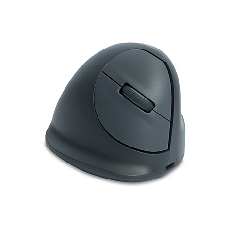 Dunkelgraue, ergonomisch geformte vertikale Computermaus auf weißem Hintergrund.