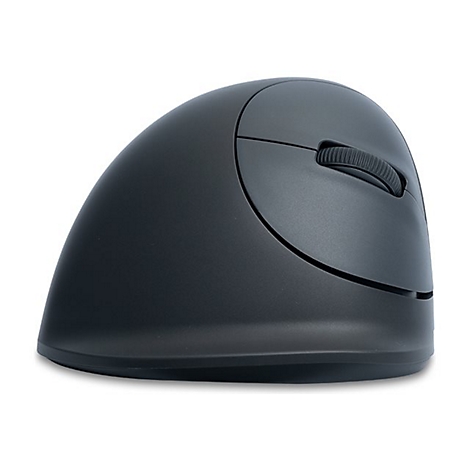 Ein ergonomische Maus in Grau, mit Scrollrad. Auf hellem Hintergrund.