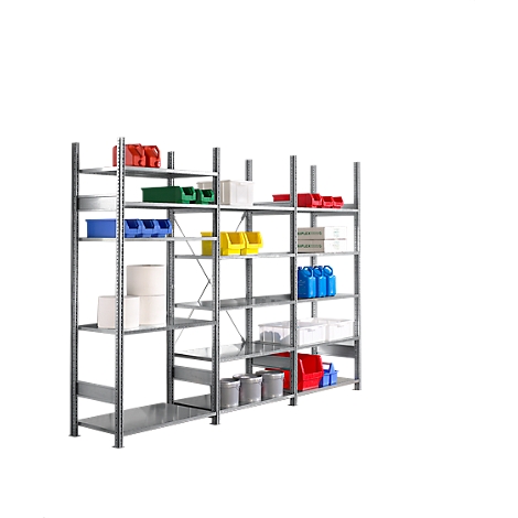 Shelving unit with various containers and supplies, against a white background.