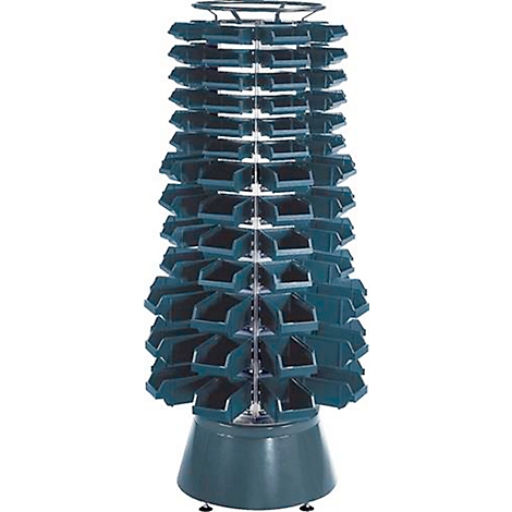 Een draaiende displaystandaard met meerdere compartimenten in een blauwgrijze kleur.
