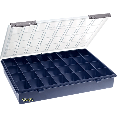 Blaue Sortimentsbox mit transparentem Deckel, geöffnet. Innen in Fächer unterteilt.