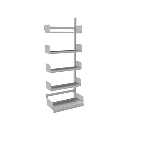Gray kitchen shelf with 5 shelves, for installation in a corner. The top shelf and bottom shelf have a slight border.