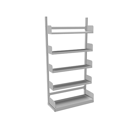 Grey wall shelf with five open shelves. The construction leans against the wall.