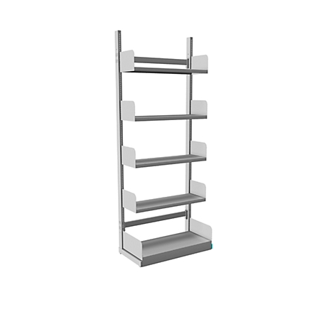 A free-standing bookshelf with grey and white shelves. Shelves have raised edges.