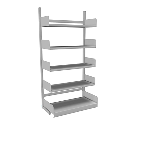 Gray bookshelf with five shelves. The shelf is pictured against a white background.