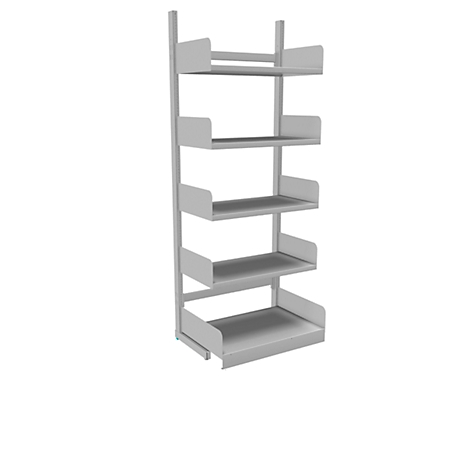 Gray bookcase with five shelves. The sides are raised.