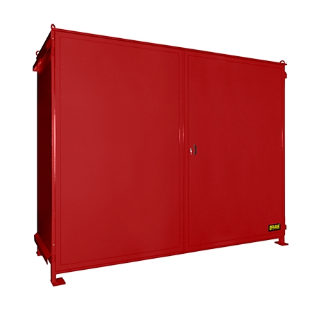 Red cabinet with two doors, on metal feet. Metal eyelets are attached on the left and right.