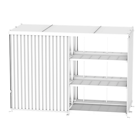 White metal shelf with 3 shelves and a sliding wall. The arrangement is shown in detail.