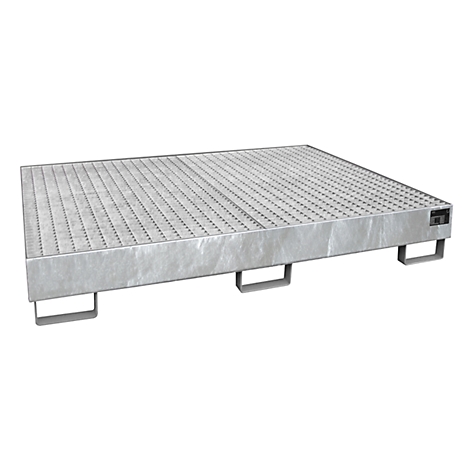 Metal pallet with grid structure, metal frame and carrying handles.