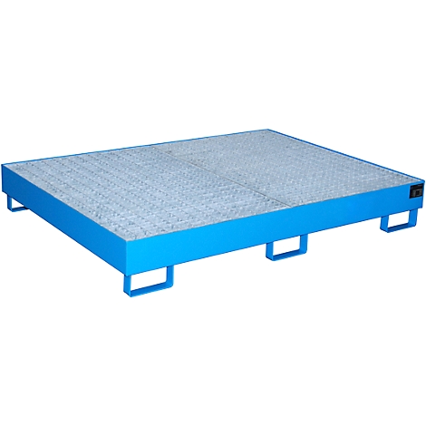 Blue metal pallet with a hole pattern. The pallet stands on four legs with handle openings.