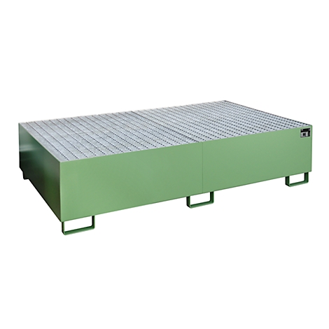 A green spill containment pallet with a grid. Square feet lift the structure off the ground.