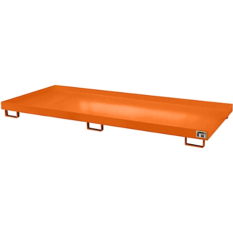 Orange platform with metal feet on the underside. A company logo on the right.