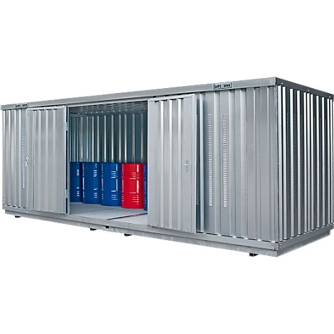 Silver storage hall with blue and red barrels, doors open.